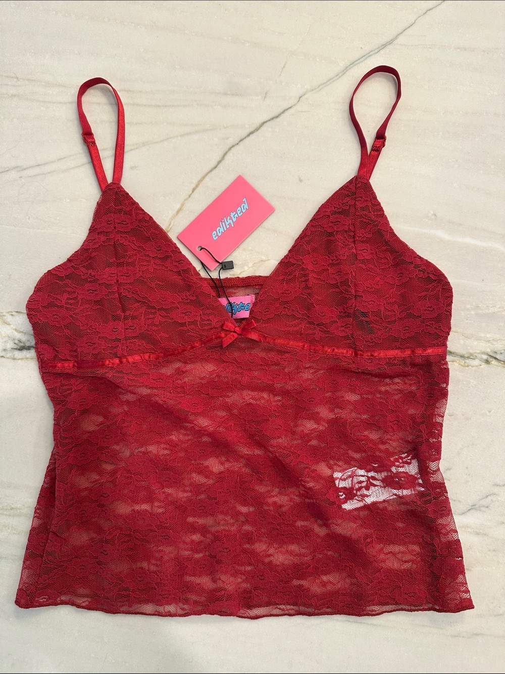 Edikted Red Lace Sheer Cami with Adjustable Straps